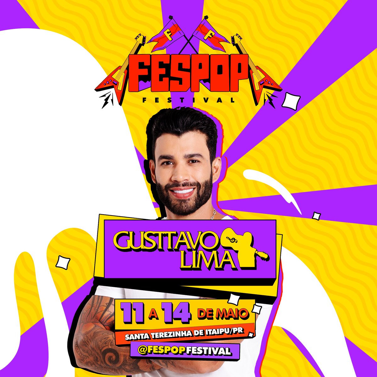 Eita atrás de eita! 
Para incendiar ainda mais o festival, ele, o número 1 do Brasil…

🔥GUSTTAVO LIMA🔥
14 DE MAIO - DOMINGO
No palco da Fespop!