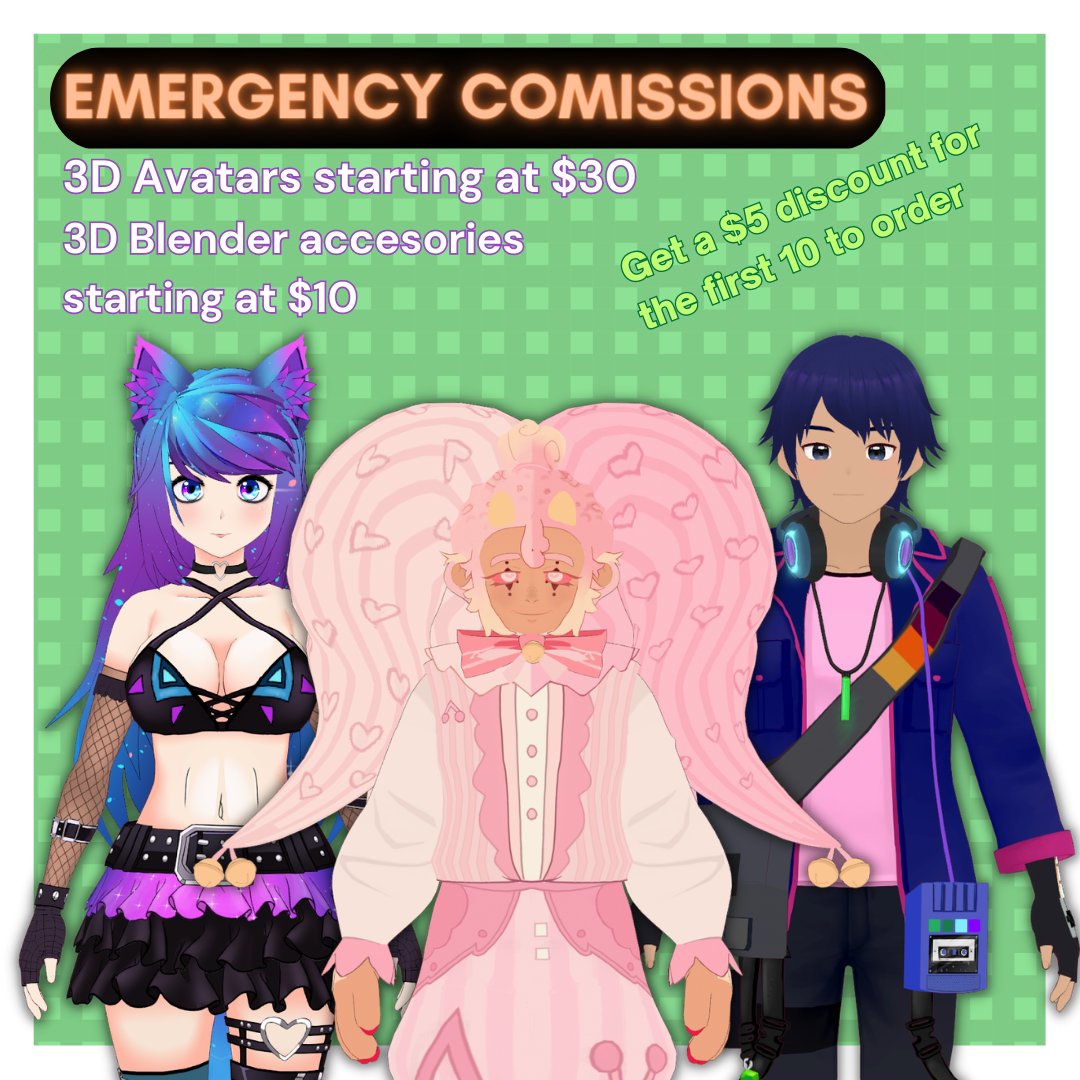 DyenomeB's tweet photo. 💥 EMERGENCY COMISSIONS💥   

This time it's because i need to pay for the treatment of my cats.

You can get a 3D avatar or either add accesories to yours
an RT helps a lot 🔃

#EmergencyComissions #ComissionsOpen #3DComissions #VTuber #VtuberUprisings #VtuberUprsing #3dart https://t.co/pFWIyjbSEN