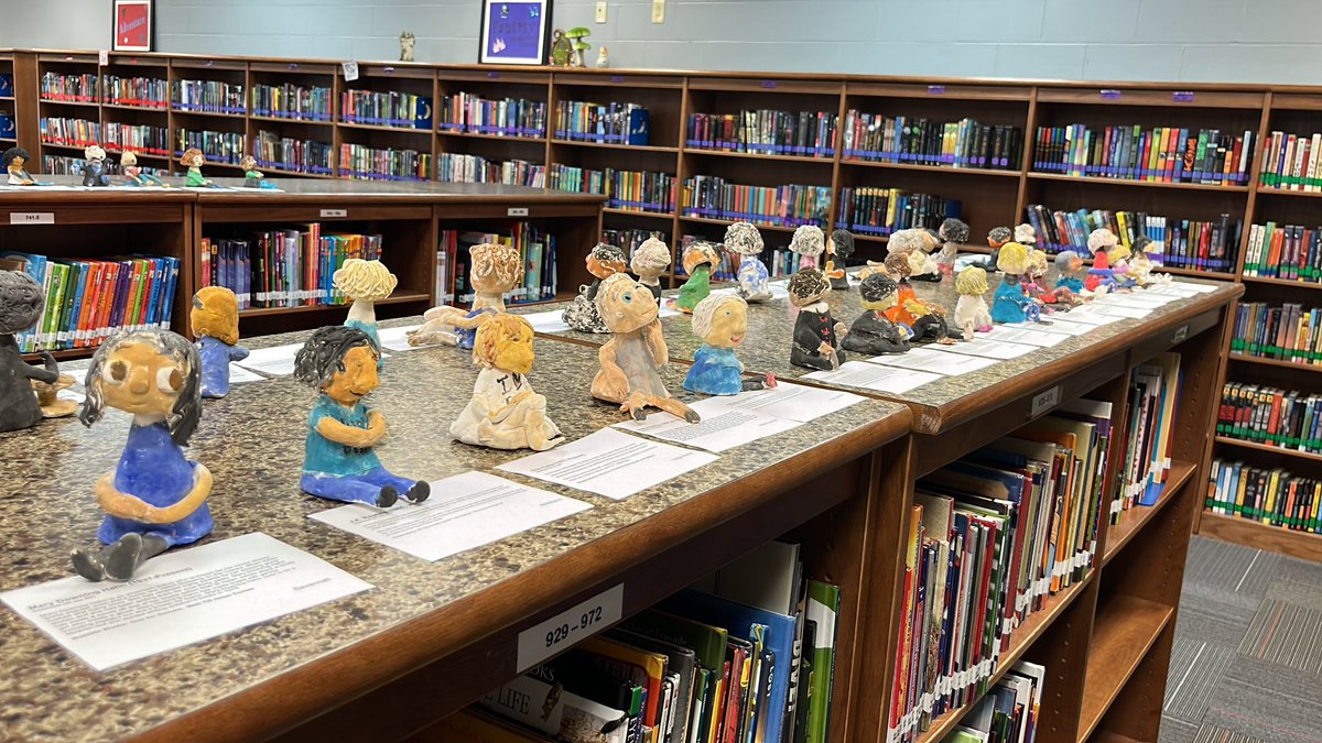 We’ve got author bobble heads! <a href="/SCEMenierArt/">SCEMenierArt</a> and I worked with 5th grade to research authors, write a museum placard, and sculpt clay bobble heads!
