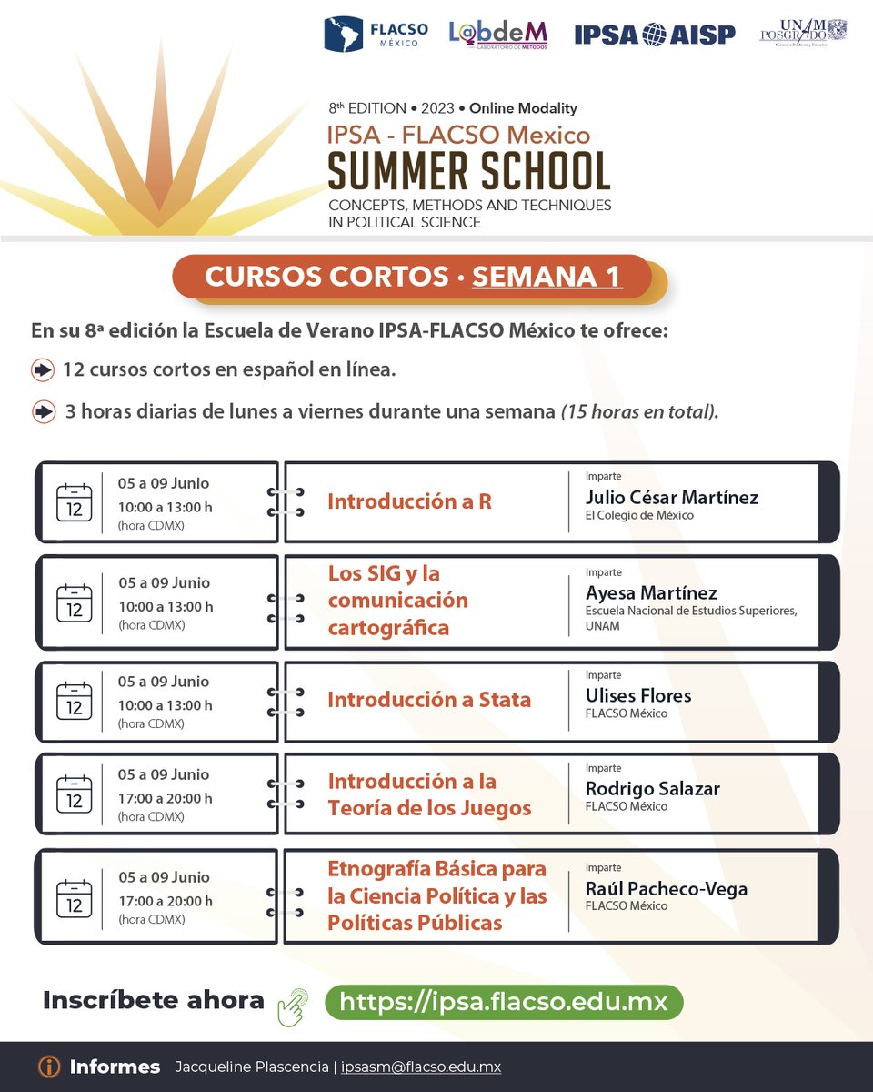 FlacsoMx's tweet photo. 📢Este año la IPSA-FLACSO Mexico #SummerSchool te ofrece 12 cursos cortos en español con lo más novedoso en métodos y técnicas de investigación en ciencias sociales.
🖥️#EnLínea
⌛5 días (15 horas)
Consulta el listado completo e inscríbete: https://t.co/9AgHbVEdbO

¡Cupo limitado! https://t.co/LBrDQFAplD