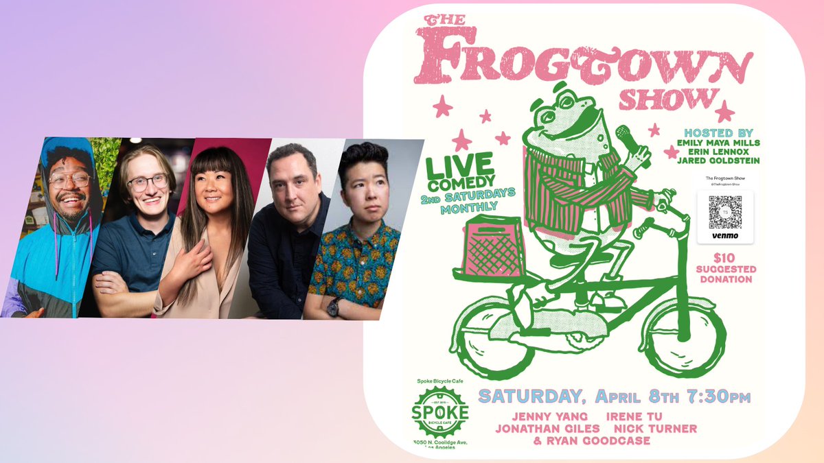 Live &amp; in person this Saturday night: 5 wonderful comics, 1 awesome show! With <a href="/JGilesWrites/">Jonathan Giles</a> <a href="/RyanGoodcase/">Ryan Goodcase</a> <a href="/jennyyangtv/">Jenny Yang</a> <a href="/NicksTurners/">Nick Turner</a> <a href="/irene_tu/">Irene Tu</a> &amp; our glorious hosts @ErinDeweyLennox <a href="/emilymayamills/">Emily Maya Mills</a> 💕🐸 Only <a href="/spoke_lariver/">Spoke Bicycle Cafe</a> 🚴 See you there! 🍔🍟🍻