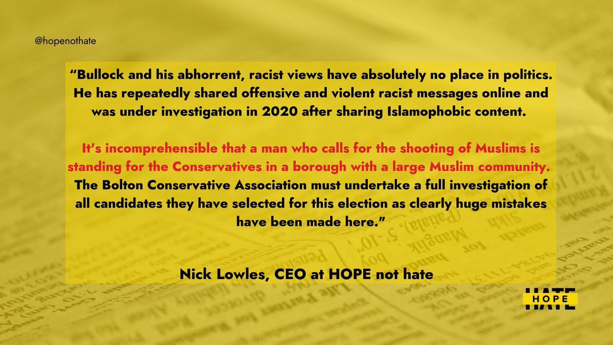 bnelabour's tweet photo. Hope Not Hate today released a statement on Bolton's Conservative Candidate Derek Bullock. 
Previously expelled for being openly racist, then readmitted and selected as a  Candidate, he is now expelled for being openly racist...

If only they could have known somehow? https://t.co/26BJI5Zbw5