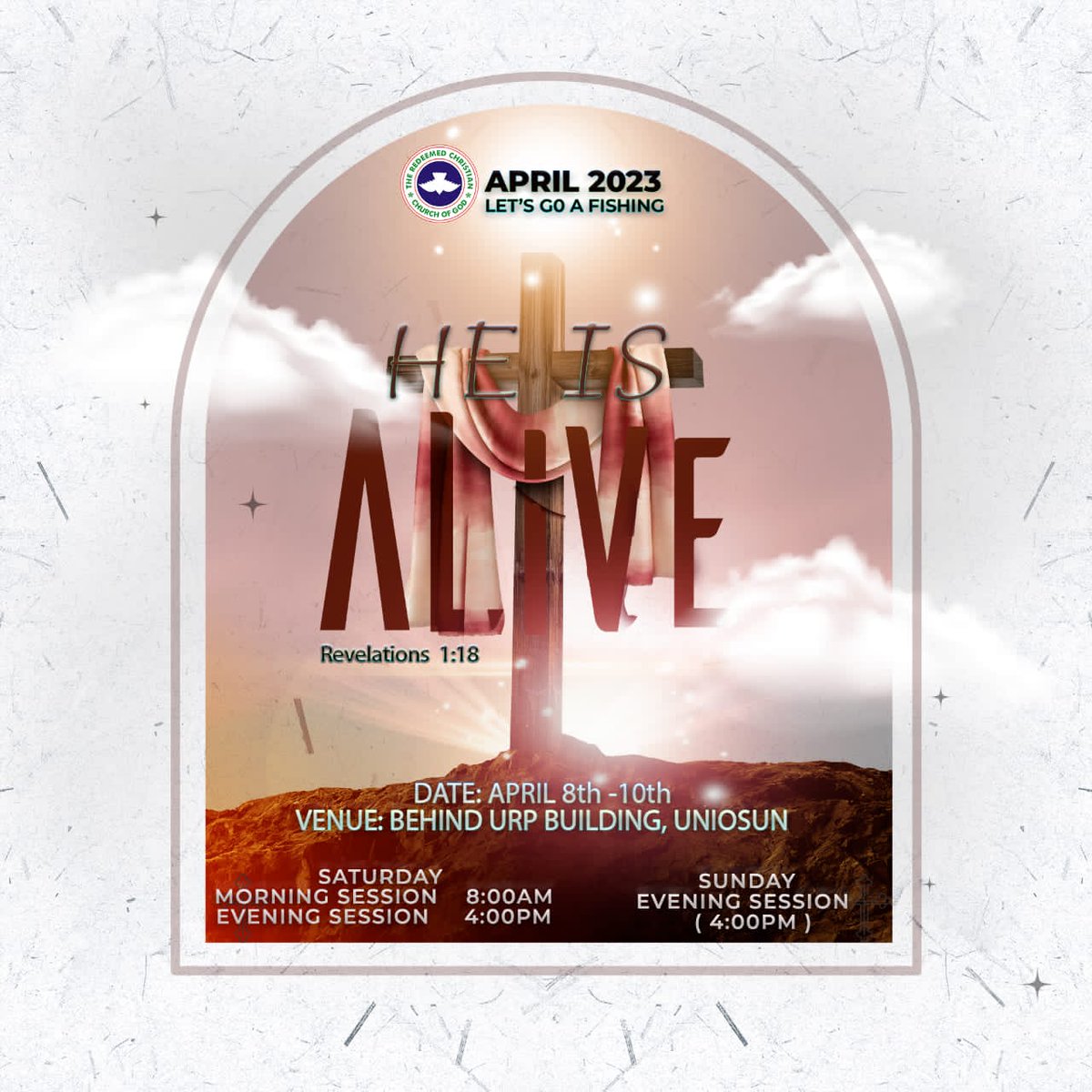RccgMFHouse's tweet photo. He is alive...Amen 
He is alive...Jesus is alive forever is alive amen!
Join us this weekend as we jointly exercise this divine mandate 
Let's Go A Fishing 
#Easter 
#RCCG 
#YAYA https://t.co/N2a1PNxgBu