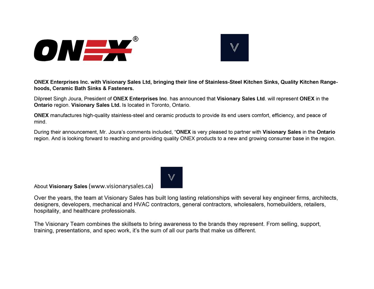 onexcanada's tweet photo. ONEX Enterprises Inc. with #VisionarySales Ltd, bringing their line of Stainless-Steel Kitchen Sinks, Quality Kitchen Range-hoods, Ceramic Bath Sinks &amp; Fasteners.

#announcement #salesrep #Ontario  #kitchen #exhaust #onex #visinarysales #Canada  #USA https://t.co/UjsibNf6Nd