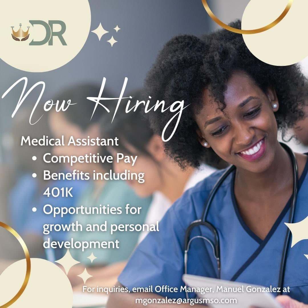 Hiring - Divinely Restored Health Medical Assistant 

The Divinely Restored Health team is expanding! Are you a Medical Assistant who is purpose-driven, self-motivated, and has a desire for community health and wellness? 

If so, you may be the perfect addition to their team!
