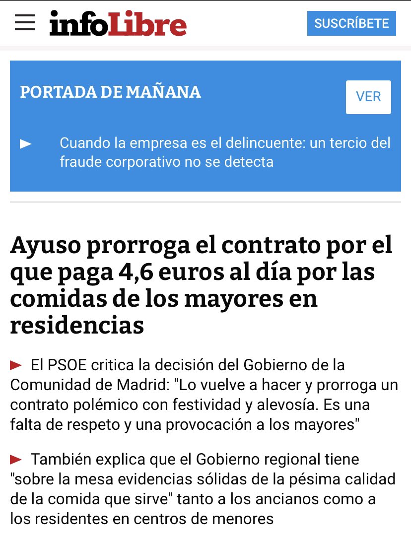 LOBEZNOnoLOBATO's tweet photo. Las comidas de la vergüenza en las residencias que gestiona Ayuso.

¿Algún madrileño es capaz de desayunar, comer, y cenar por 4’6euros al día sin morirse de hambre? Pues Ayuso es lo que hace con nuestros mayores.

Los contratos de la vergüenza de la Presidenta de #Madrid https://t.co/2eqXMBpZ04