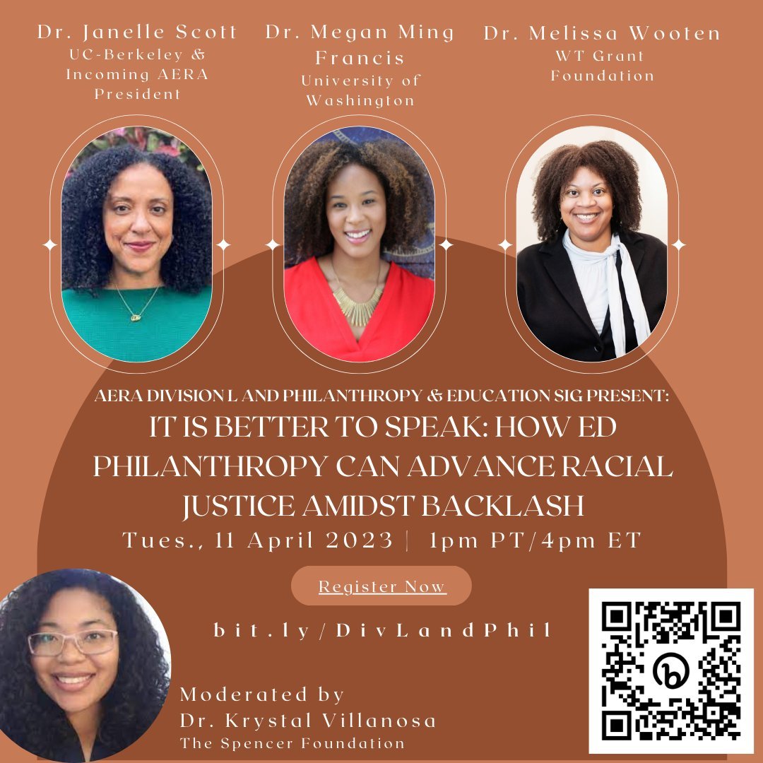 AERAPhilanthEd's tweet photo. Tuesday, April 11th, 3pm CDT: Virtual pre-AERA conversation - hosted jointly with AERA
@Division_L 📣

@KrystalVillano1 in conversation with @janelletscott, @Prof_Wooten &amp; @meganfrancis

Register: https://t.co/fBO3kr19jY (2/7) https://t.co/wFGy6Cwkno