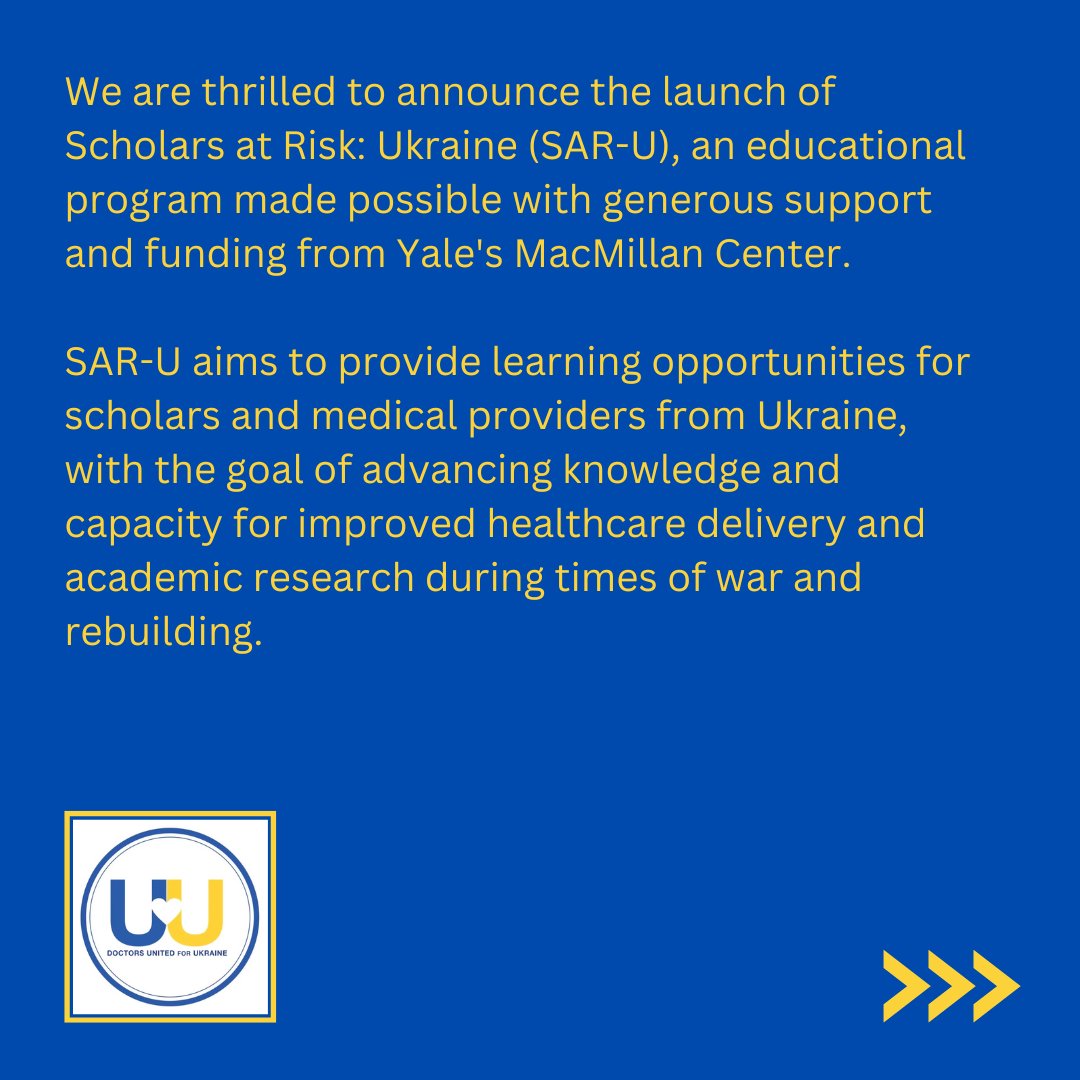DoctorsU4U's tweet photo. Get to learn more about the launch of SAR-U at Yale! 🇺🇦#SARUkraine #HealthcareEducation #ResearchAdvancement #DU4U #Yale #MacMillanCenter #CMAU #YNHH https://t.co/Mvz7HnGXaf