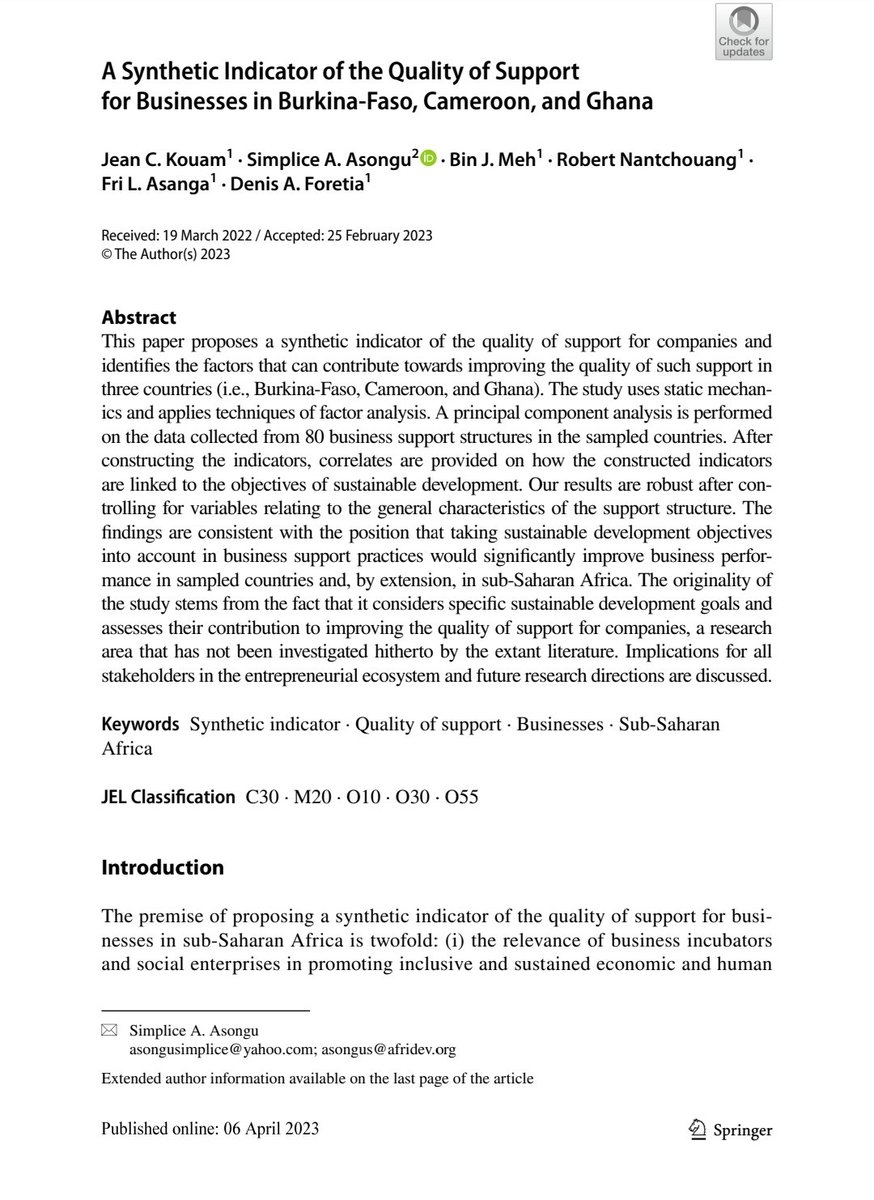 Our new paper in the Journal of the Knowledge Economy!!! We assess indicators of the quality of support for businesses in #Cameroon, #BurkinaFaso and #Ghana. Many thanks to @IDRC_CRDI @IDRC_BRACO for funding support. @JeanCdricKouam1 #Africa #SMEs bit.ly/3KCecNi