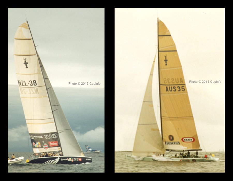 CupInfo's tweet photo. #TBT The 29th America’s Cup off San Diego, CA, 1995 : NZL-38 & AUS-35 (sadly OneAustralia's 35 later went to the bottom, a fate which American Magic escaped in #AC36) via https://t.co/mbvxZpdx71 | #AC29 | #AC37 #Barcelona #AmericasCup #AC75 | @EmiratesTeamNZ @americascup https://t.co/ooOTJ6Y4hb