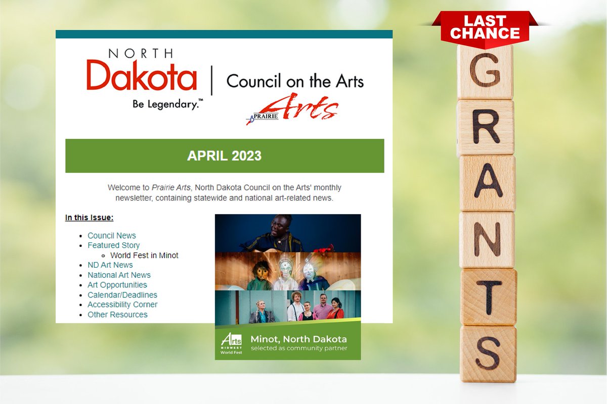 ndarts's tweet image. 😱 MUST READ: NDCA Prairie Arts April 2023 Newsletter 📰
- NDCA GRANT DEADLINES mid-April!
- World Fest celebrated in Minot
- Great OPPORTUNITIES
👉  - mailchi.mp/505ab2d13a22/n…