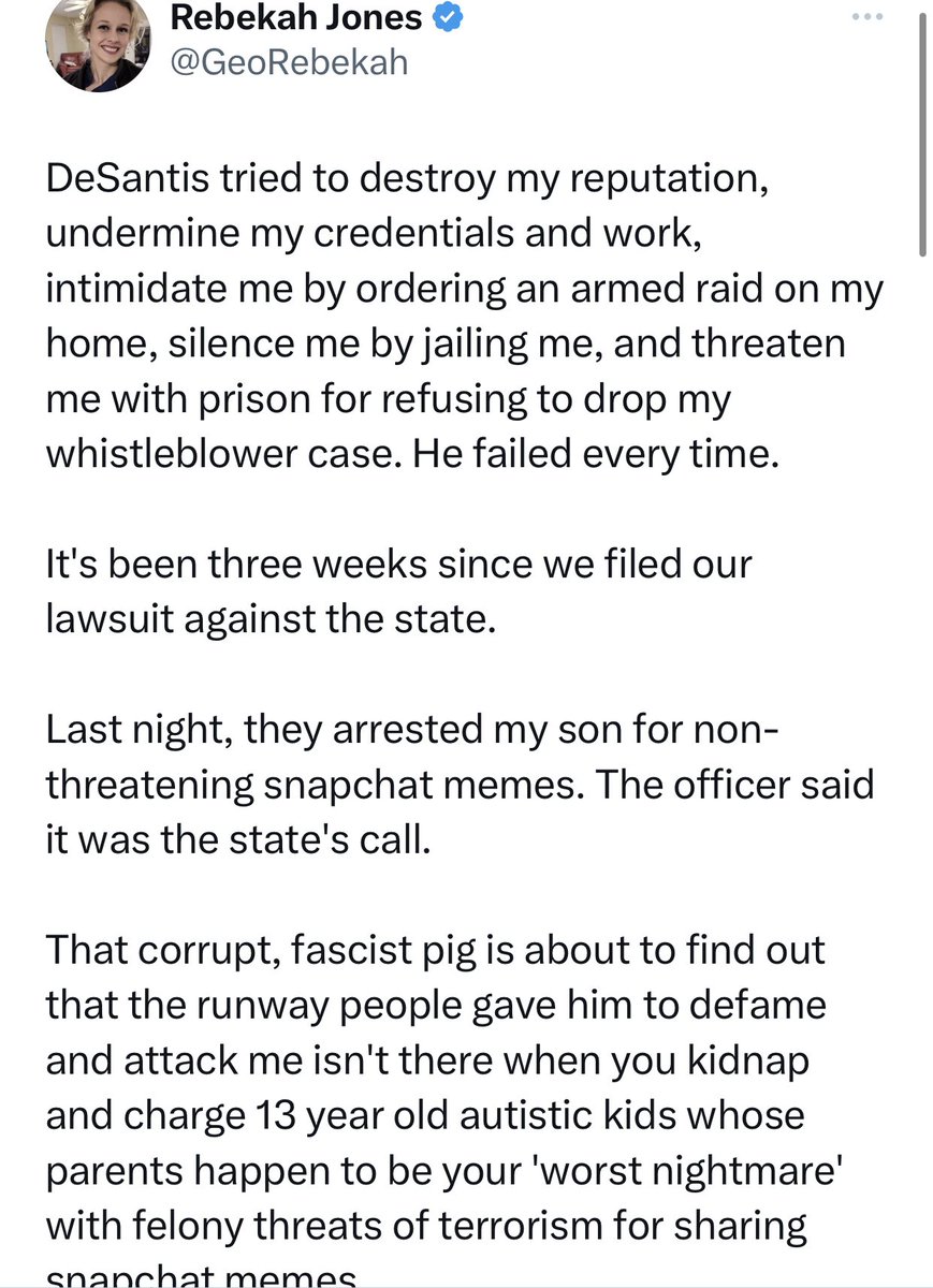 Rebekah Jones is a hot steaming piece of 💩. She claims, without evidence, her son was targeted by DeSantis and taken away from her over a silly internet meme. If true, it would be a big deal. However, she cleverly omits details in an attempt to get ahead of the story.