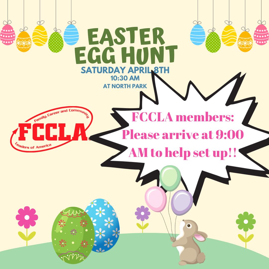 CroftonFCCLA's tweet photo. Members helping with the Easter Egg Hunt: Please arrive at 9am on Saturday and DRESS FOR THE WEATHER!!!! FCCLA shirt is preferred. https://t.co/MWIS7n6Gx7