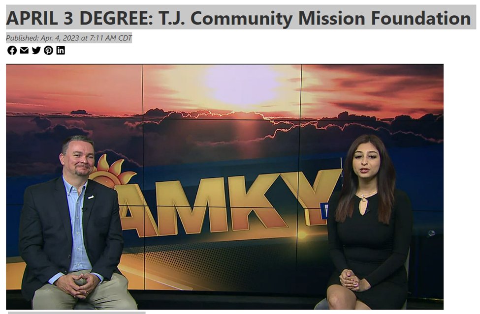 April's 3-Degree Guarantee Partner is T.J. Community Mission Foundation. The foundation raises money to build healthier communities in South Central Kentucky. Congratulations to T.J. Community Mission Foundation in positively impacting healthcare in South Central Kentucky