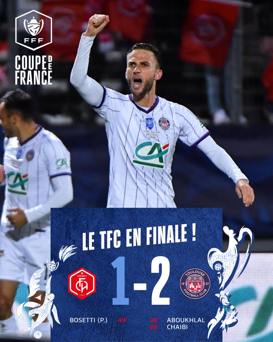 coupedefranceCA's tweet photo. 𝗧𝗢𝗨𝗟𝗢𝗨𝗦𝗘 𝗘𝗦𝗧 𝗘𝗡 𝗙𝗜𝗡𝗔𝗟𝗘 💪

Dans une fin de match complètement folle, le @ToulouseFC a réussi à faire la différence et ira défier Nantes le 29 avril au Stade de France 🏆🔥

#FCATFC | #CoupeDeFrance https://t.co/3WUFbTEybb