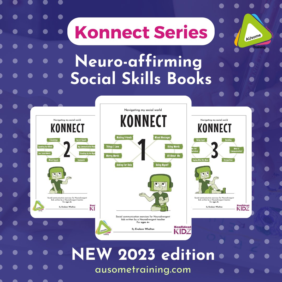 AusomeIreland's tweet photo. NEW, Revamped and more neuro-affirmng than ever: Our Konnect Books 1-3, 2023 edition- the very best way to support Autistic kids socially.
Find all our books here (digital or print):
https://t.co/5rcygYwySb #AutisticKids #AutisticTwitter #ActuallyAutistic #AutisticBooks https://t.co/49vZz43nhd