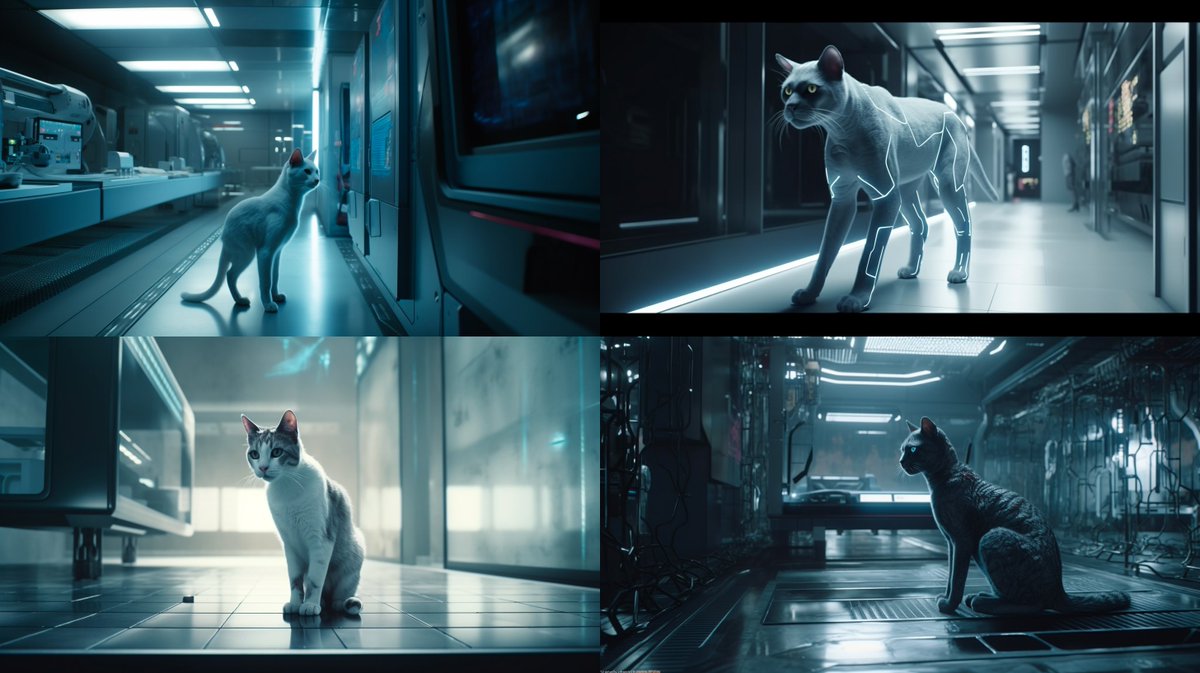 tristwolff's tweet photo. 🚨 #Midjourney made the new permutation feature available to everyone! 🔥 

cinematic shot of a cyborg {cat, bug} inside a {{retro, future} laboratory} --ar 16:9

... creates all of these at once:
🧵 https://t.co/H8Xk17evAz