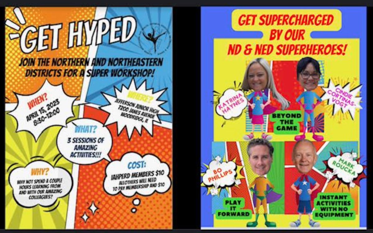 📢Come join us for an amazing PD opportunity!
Northern/Northeastern District Workshop!
📆April 15, 2023
⏰8:30-12
3 PDHs Only $10
Jefferson JHS
Woodridge, IL
➡️Register here: bit.ly/IAHPERDworksho…
Superhero presenters: <a href="/CindieLou70/">Cindie Lou</a> <a href="/MshaynesPE/">Katrina Haynes</a>  <a href="/BoPhillips10/">Bo Phillips</a> <a href="/dr_roucka/">Mark Roucka 🇺🇸</a>
#physed