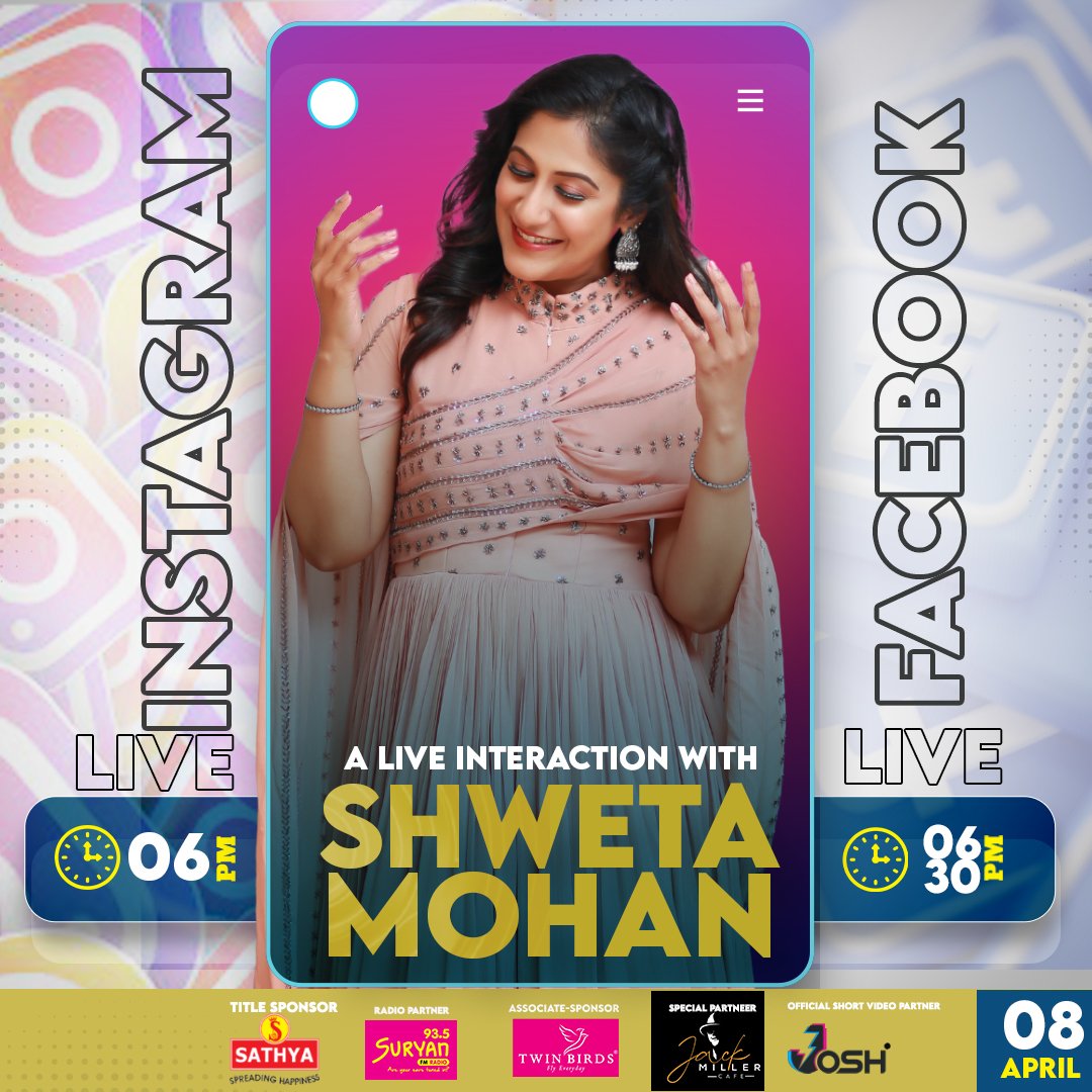 _ShwetaMohan_'s tweet photo. Let's have a fun #InstaLive and #FBLive interaction this Saturday?  :)
6 - 6.30 pm IST (Insta - @_ShwetaMohan_ )
6.30 to 7pm IST (FB - shwetamohanofficial )

#ShwetaMohanLive https://t.co/9WrK1bjE2d