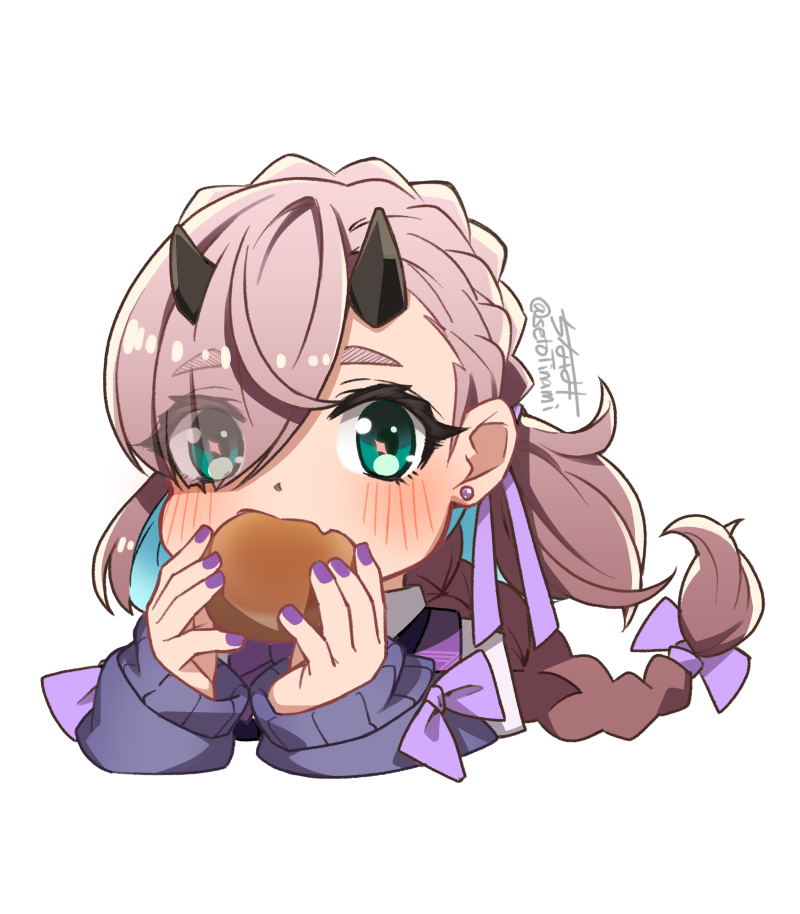 1girl food horns braid hair behind ear solo holding food  illustration images