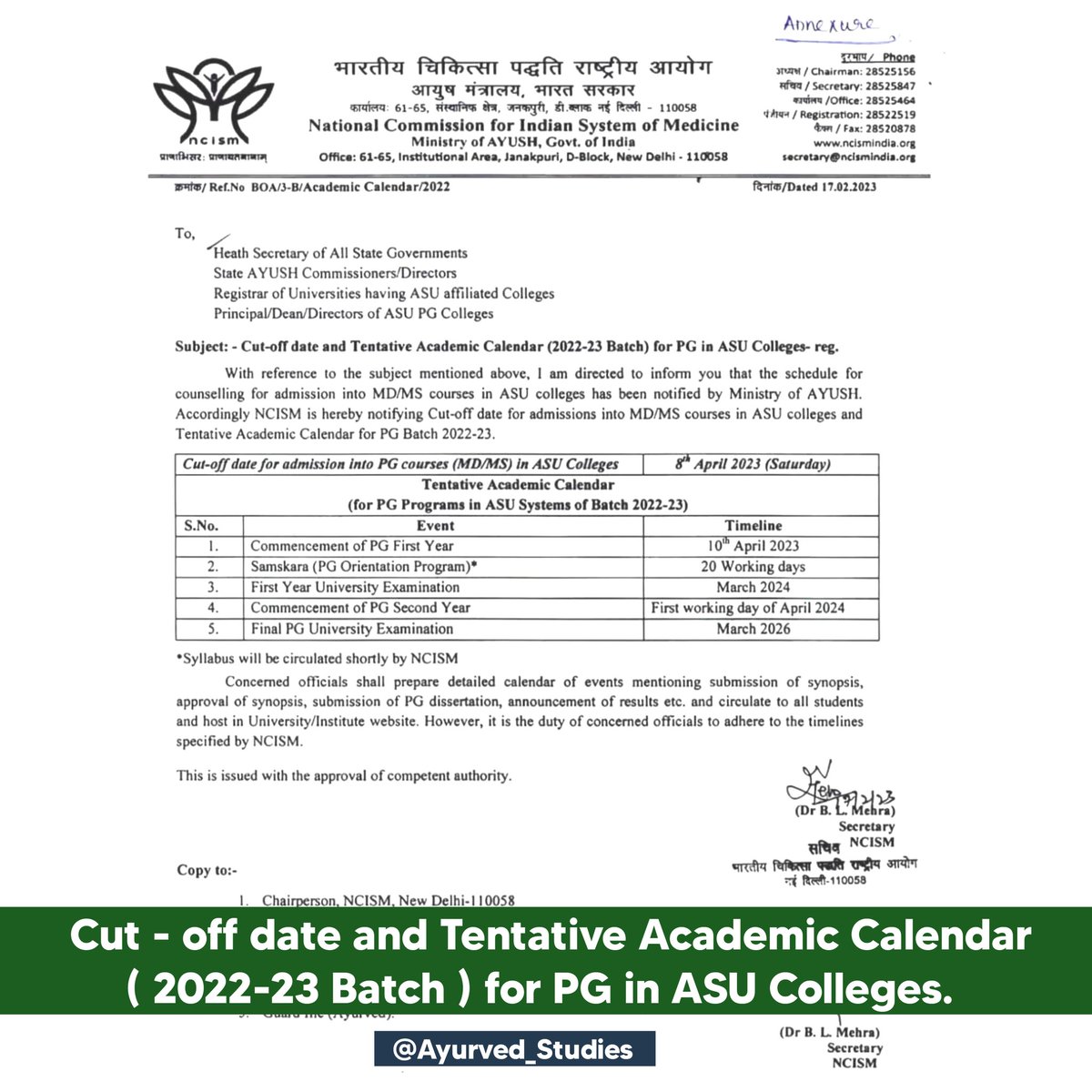 AyurvedStudies's tweet image. Cut - off date and Tentative Academic Calendar ( 2022-23 Batch ) for PG in ASU Colleges- reg . 
#Ayurveda #aiapget #bams #ayush