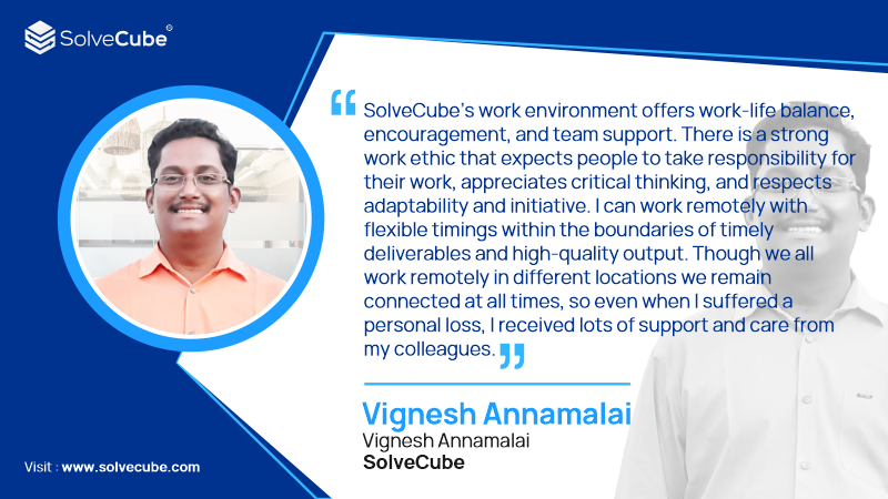 solvecube's tweet photo. “SolveCube’s work environment offers work-life balance, encouragement, and team support." Here is a peek into the heart of one of our wonderful employees, @Vignesh39176091 and why he thinks #SolveCube is the #bestplacetowork. #WFH #WorkLifeBalance #KnowOurTeam #Futureofwork https://t.co/osuefhB3BJ