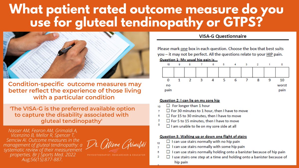 #FactFriday There is no ideal PROM for #glutealtendinopathy or #GTPS, but the VISA-G is currently the preferred option. Have you used the VISA-G? How'd you find it? What else do you use in this pop? Would love your thoughts. Pls retweet. @TonyNasserPT @Bill_Vicenzino @angiefearon