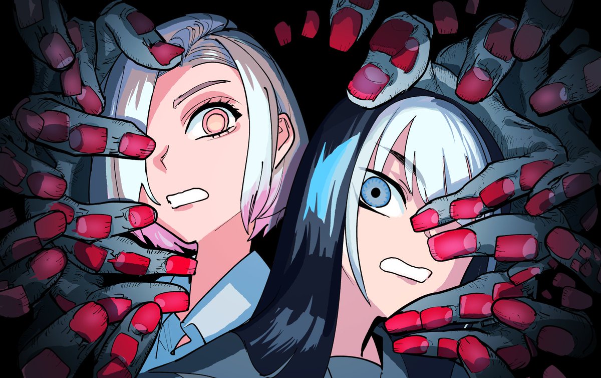 2girls multiple girls white hair blue eyes black background black hair short hair  illustration images