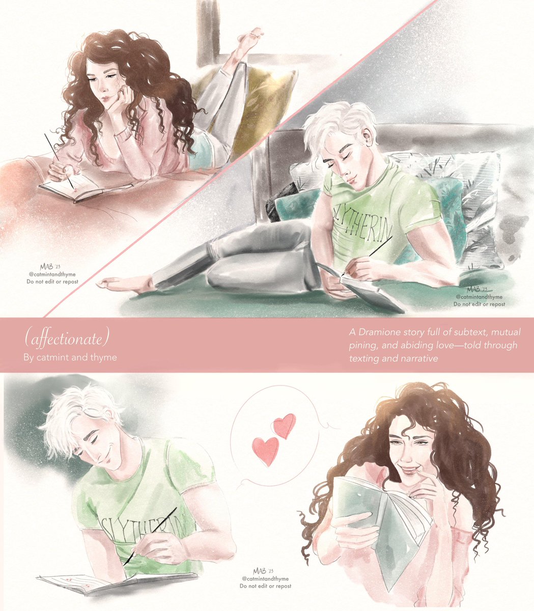 catmintandthyme's tweet photo. A little gift to all my readers on my birthday: some art from (affectionate), Draco &amp; Hermione writing in their charmed diaries and being adorable in 8th yr 💕

⬇️ Close ups below 

Ao3 link: (affectionate) https://t.co/vADB6I50mL

#dramione #dramioneart #dhraffectionate https://t.co/t5qLoZvOKt