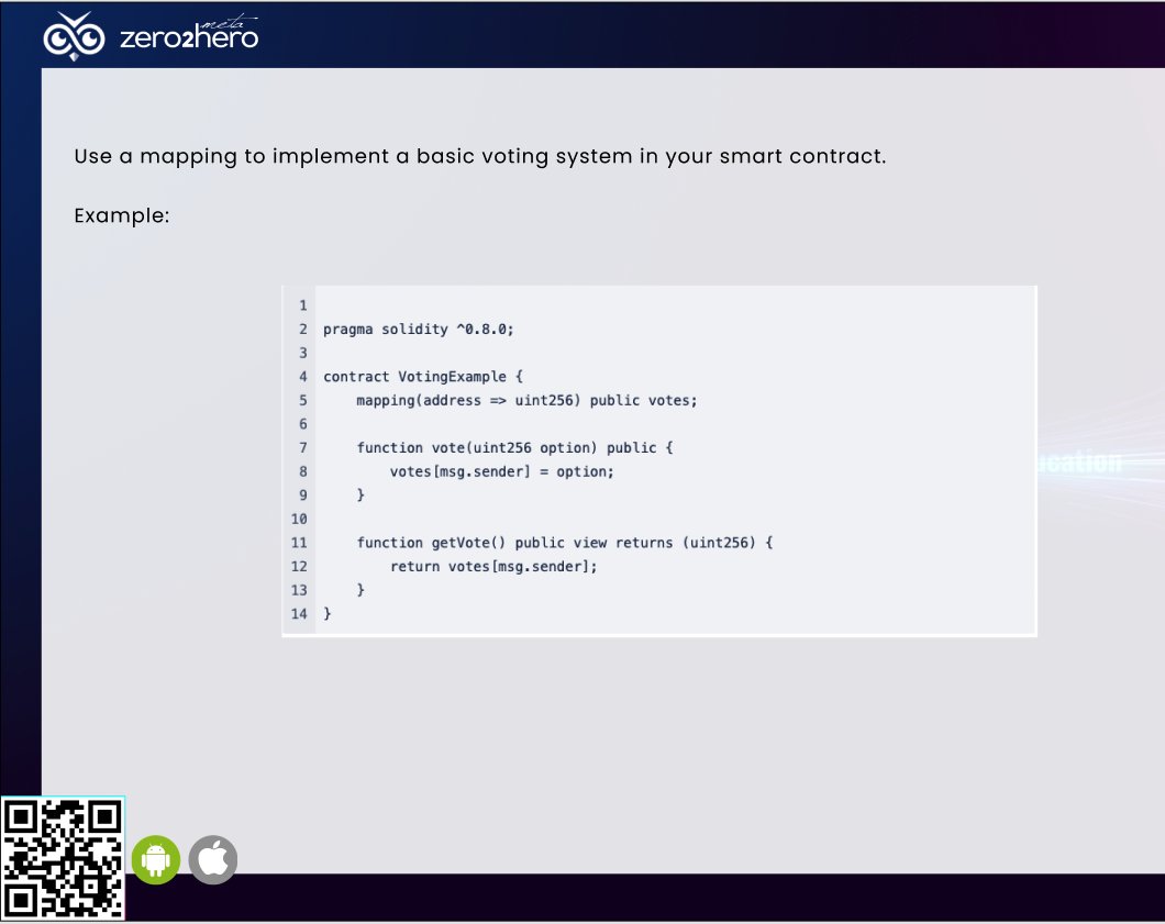 zero2hero_uk's tweet image. Solidity Tip: Implementing basic voting using a mapping

#VotingSystem #Mapping #SmartContractExamples