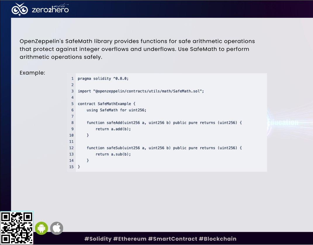 zero2hero_uk's tweet image. Solidity Tip: Using OpenZeppelin's SafeMath library for arithmetic operations
#SafeMath #OpenZeppelin #ArithmeticOperations