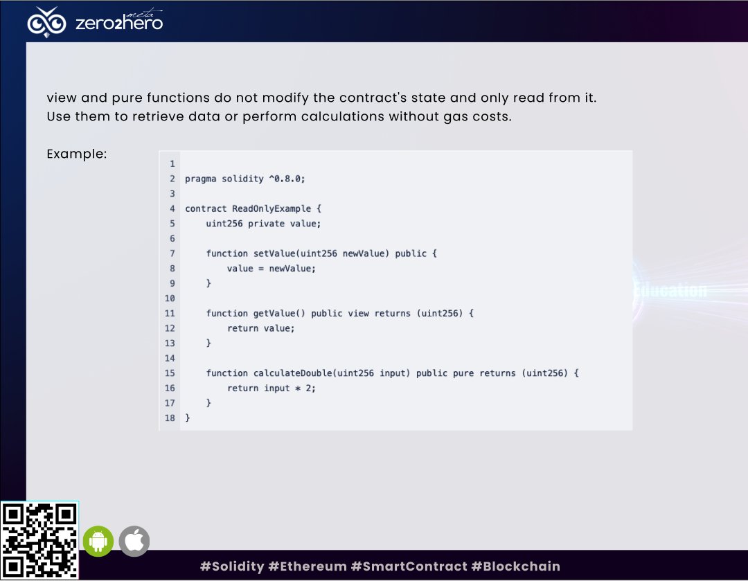zero2hero_uk's tweet image. Solidity Tip: Use Solidity's view and pure functions for read-only operations
#ViewFunctions #PureFunctions #GaslessOperations