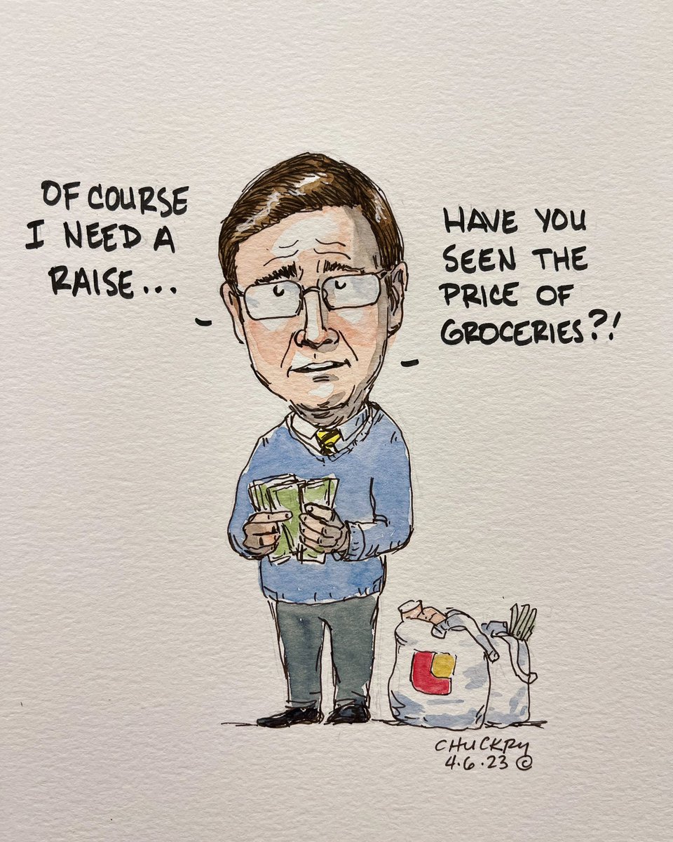 It goes without saying, but we might as well say it. I guess inflation hits everyone—some harder than others. Some are lucky enough to get Presents Choice COLA while others make do with tap water. #cdnpoli #mbpoli #politicalcartoon #galenwestonjr #inflation #costofliving