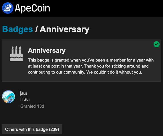 Ruoxu_4's tweet photo. I haven't participated in community building for several months after the APE was stolen, but thank the community for not forgetting that I was one of the 239 early participating builders, and it gives me a lot of confidence to have such a small badge. https://t.co/4thbY3Xzrk
