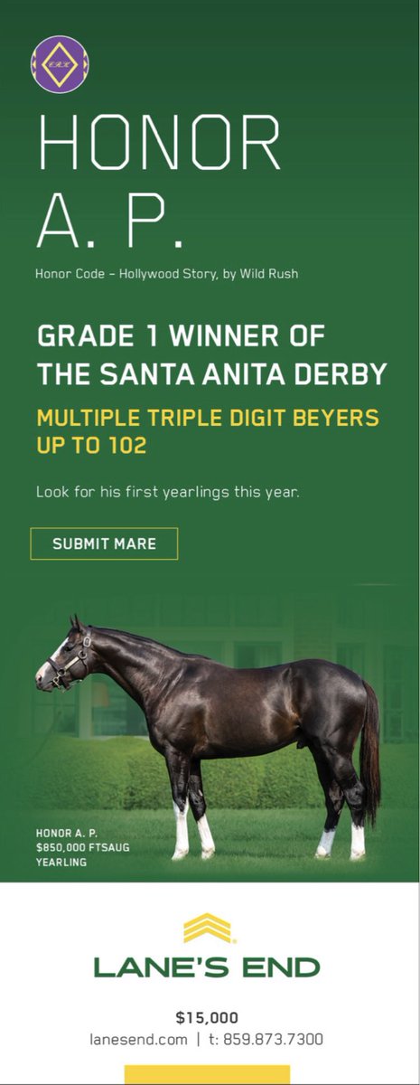 👀 Look for the first yearlings by HONOR A.P., Grade I winner of the Santa Anita Derby standing at <a href="/LanesEndFarms/">Lane's End</a>, this year!