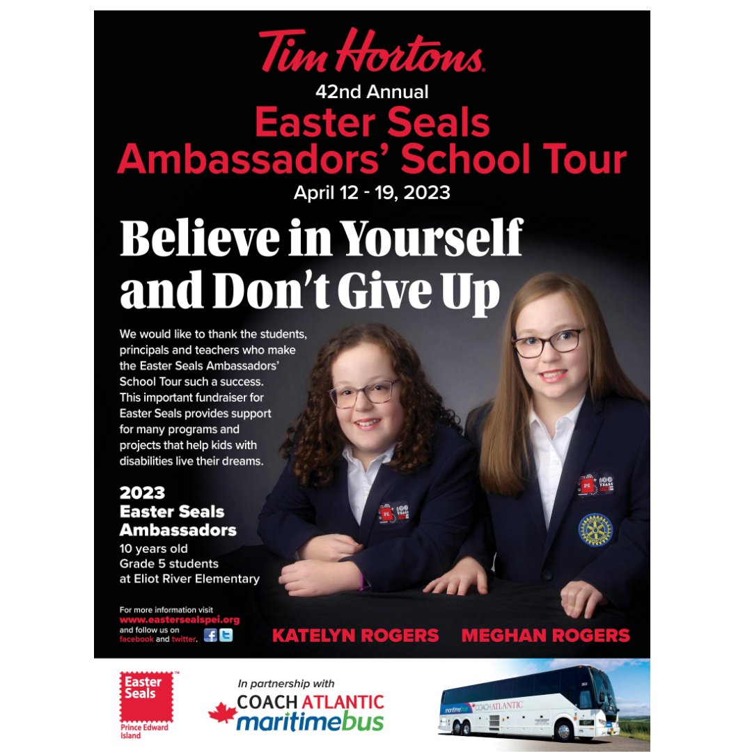 EasterSealsPEI's tweet photo. It's Tim Hortons Easter Seals PEI Ambassadors' Tour time! Coming to a school near you starting Wed April 12th. :-) https://t.co/fxriomQ89b https://t.co/yNgmakuITV