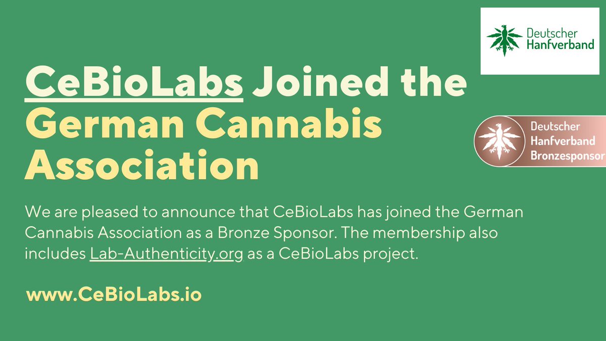 CeBioLabs's tweet image. CeBioLabs Joins German Hemp Association

We are pleased to announce that CeBioLabs is now an active supporter of the German Hemp Association. Also our project @LabAuthenticity is now bronze sponsor.

📌Our advantages and plans:  cebiolabs.io/cebiolabs-join…

#Cannabis $CBSL #Hemp