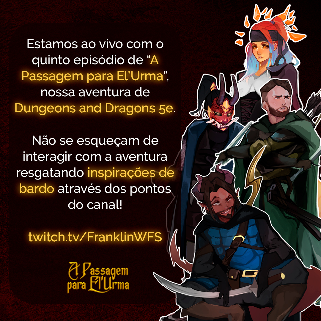 FranklinWFS's tweet photo. Estamos ao vivo com o quinto episódio de A Passagem para El'Urma, nossa campanha de #DnD lá em https://t.co/wWNAosEgO5 ! Vem com a gente conhecer mais do cenário de Goldai. #RPG #rpgbrasil #dnd5e #rpgart #characterdesign #dndbrasil #dndart #rogue #warlock #ranger #fighter https://t.co/xkl7aBxGRt