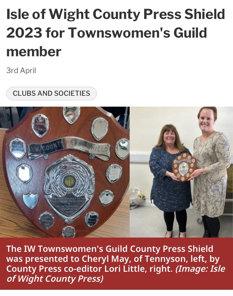 I thoroughly enjoy my role as Press Officer for Tennyson Townswomen’s Guild. Congratulations to Lori Little in her new role as Co Editor of the Isle of Wight County Press &amp; for reporting on the many clubs &amp; societies that make this island such a great place to live. #IsleofWight