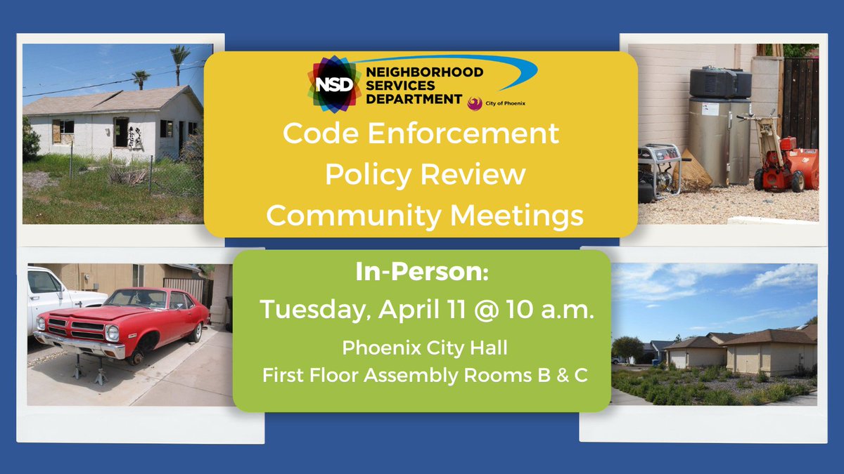 PHXNeighborhood's tweet photo. We want to hear from YOU! 

Learn about our Code Enforcement Policy &amp; possible updates being considered by #PHX City Council. Code Enforcement covers things like weeds, debris &amp; zoning violations on private property. Join us in person on Tuesday 👇 

More: https://t.co/nShYK0e302 https://t.co/RLqPRjKQsm