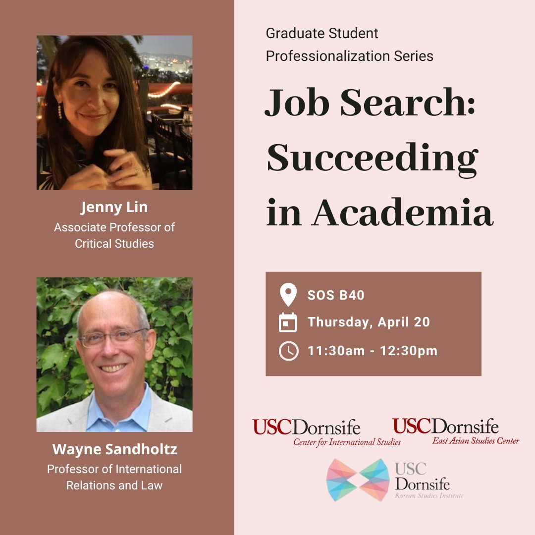 USC EASC (@usceasc) on Twitter photo USC EASC presents “Job Search: Succeeding in Academia” as the next event in our Grad Professionalization Series. This seminar will be held on Thurs, April 20 from 11:30 AM-12:30 PM with Jenny Lin and Wayne Sandholtz. Register here: bit.ly/43fdUmy <a href="/USCKSI/">USC Dornsife Korean Studies Institute</a> <a href="/UscCis/">USC Center for International Studies</a> USC EASC presents “Job Search: Succeeding in Academia” as the next event in our Grad Professionalization Series. This seminar will be held on Thurs, April 20 from 11:30 AM-12:30 PM with Jenny Lin and Wayne Sandholtz. Register here: bit.ly/43fdUmy <a href="/USCKSI/">USC Dornsife Korean Studies Institute</a> <a href="/UscCis/">USC Center for International Studies</a>
