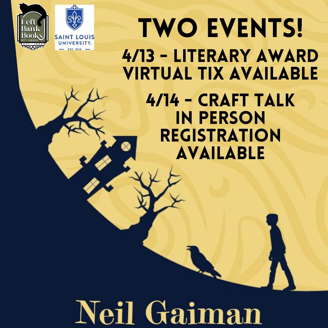 NEXT WEEK! A legend comes to STL to be honored with the <a href="/slu_english/">SLU English Dept.</a> Literary Award! There are two opportunities to hear Neil Gaiman speak &amp; as he is honored for his achievements! Virtual and in-person options available! 
We'll see you 4/13 and/or 4/14: left-bank.com/event/st-louis…