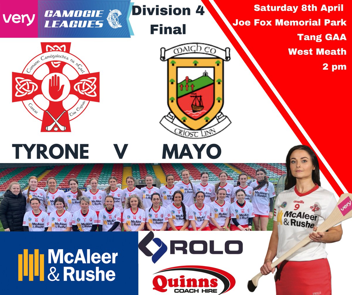 Huge weekend ahead. Our senior team take on Official Mayo Camogie in the <a href="/very_ireland/">Very Ireland Helpers</a>  Division 4 Final this Saturday.
Ticket link 
universe.com/embed2/events/…

#90yearsoftheweeball #onecountyonecause ⚪️🔴

<a href="/McAleerRushe/">McAleer & Rushe</a> <a href="/rolo_sports/">Rolo Sports</a> <a href="/QuinnsCoachHire/">Quinn's Coach Hire</a>