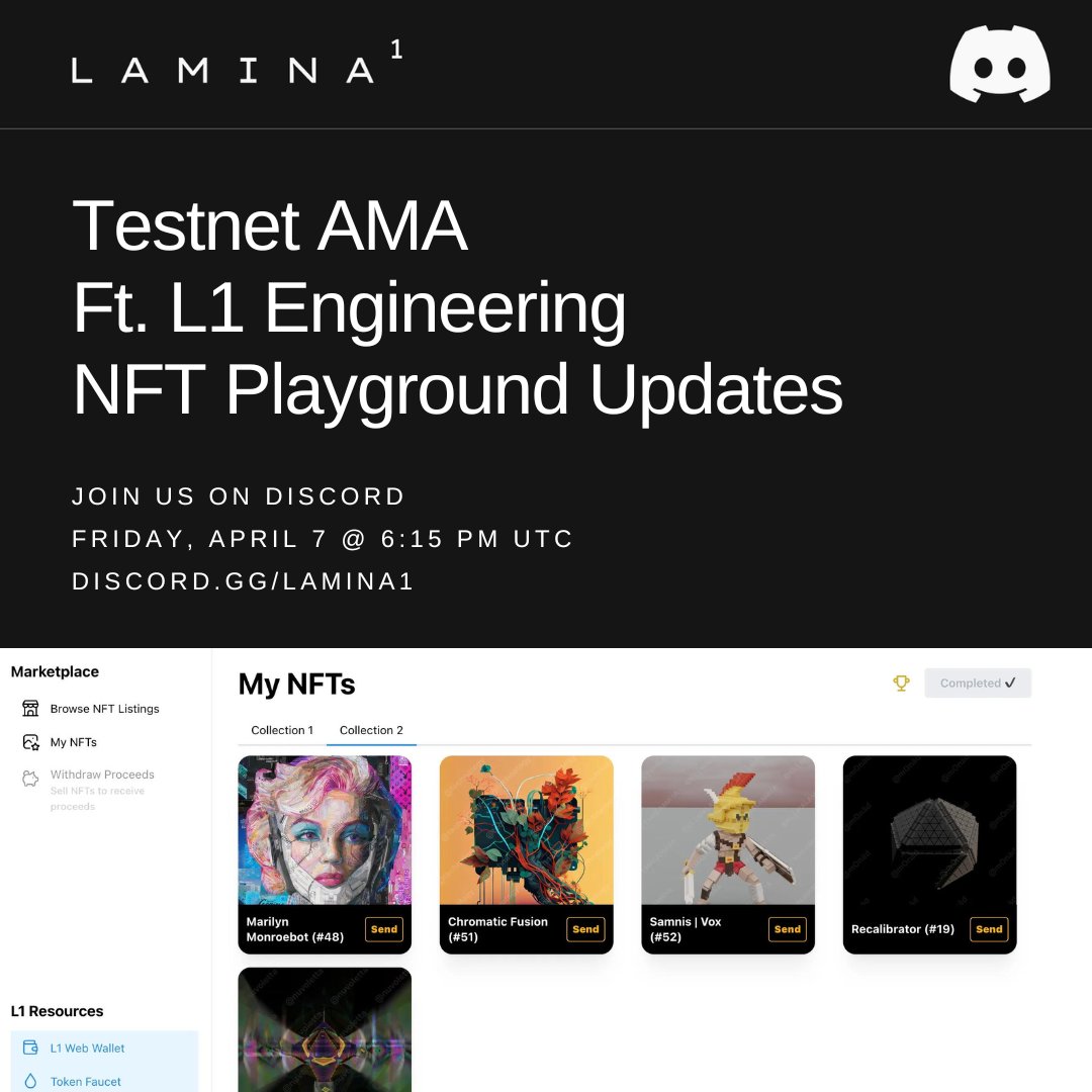 Lamina1official's tweet photo. Questions about Testnet? Join us for an #AMA with L1 Engineering tomorrow at 11:15am PT / 6:15pm PT

If you're Questing, score some Zealy XP by submitting your Q's here: https://t.co/WvwAJ9m0Pf https://t.co/xolHSHJRmz