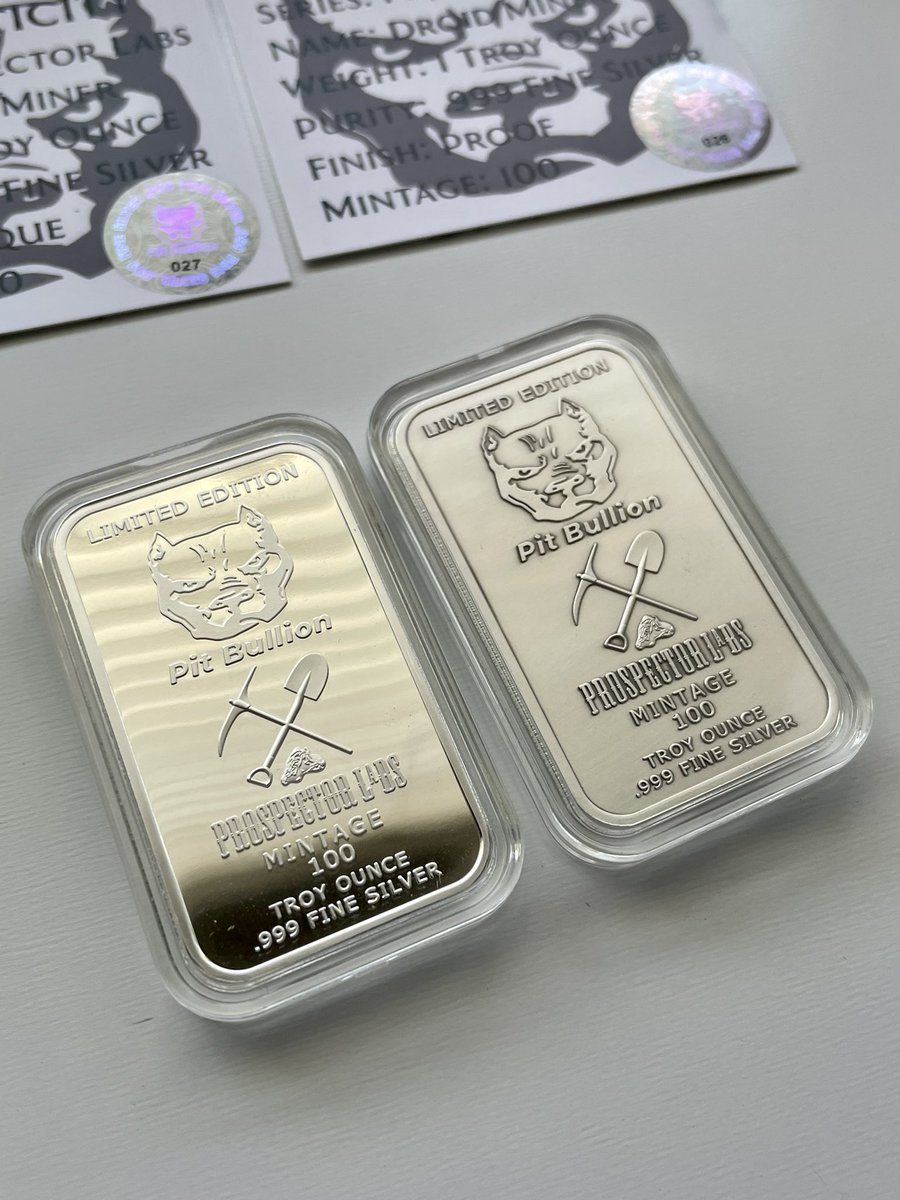 How have you not yet picked up our #silverartbar set yet? Two 1oz .999 #silverbullion bars with our Droid Miner character. Only 100 sets minted! <a href="/PitBullionLV/">Pit Bullion</a> is a rockstar…big thanks to him for this collab! Get your set now at Pitbullionsilver.com