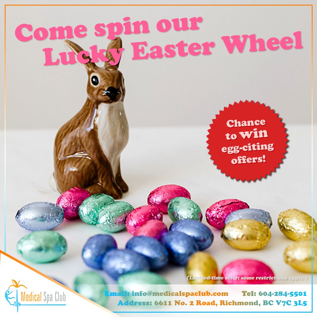 MedicalSpaClub's tweet photo. Only available for 2 weeks, come by our clinic to get a free spin of our Lucky Easter Wheel to win egg-citing April offers!

P.S. Don’t forget to grab your complimentary #Easter Choco-egg to keep your mood beautiful when you leave!

👉 Visit https://t.co/Ai75GN4NeQ to learn more https://t.co/oMroeSLYkq