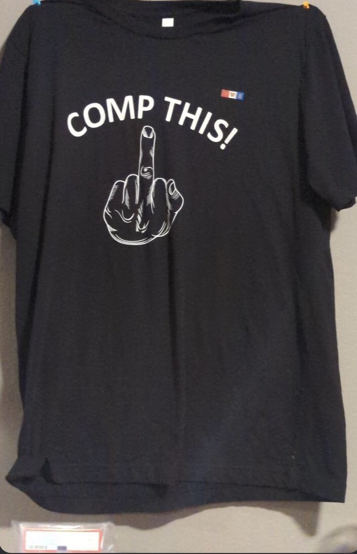 the1NonlyPidge's tweet photo. @AlwaysLearn247 @CarolinaCardCo That very shirt pretty much exists and is available at just about any trade show nationally. They were made here in America by Wounded Warrior Sports and have become the logo for PickbinSportscards on whatnot. Just fyi. https://t.co/QzuaSAujg4