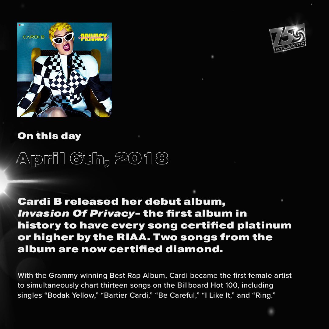 On this day in 2018… <a href="/iamcardib/">Cardi B</a> released #InvasionOfPrivacy. The debut album became the first in history to have all tracks certified platinum or more by the RIAA, and spawned the Diamond-certified hits “Bodak Yellow” &amp; “I Like It” 🌟 #ATL75