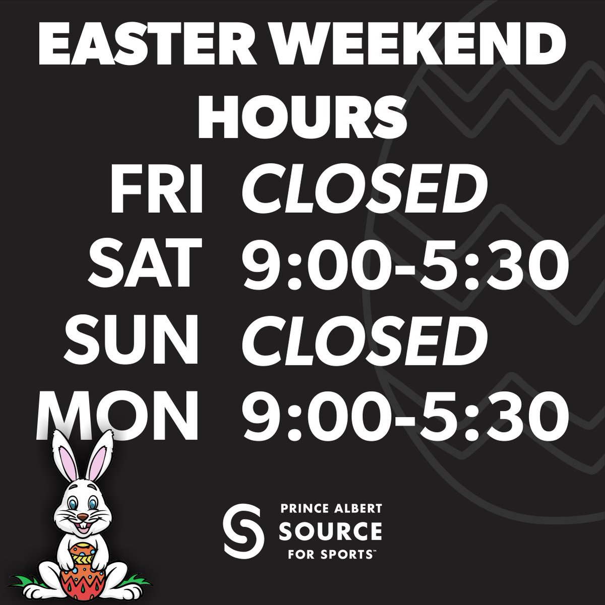 PASFS's tweet image. Just a reminder that we will be closed Friday April 7 for Good Friday. We will reopen on Saturday for regular hours. Have a Happy Easter from the crew at PA Source for Sports!