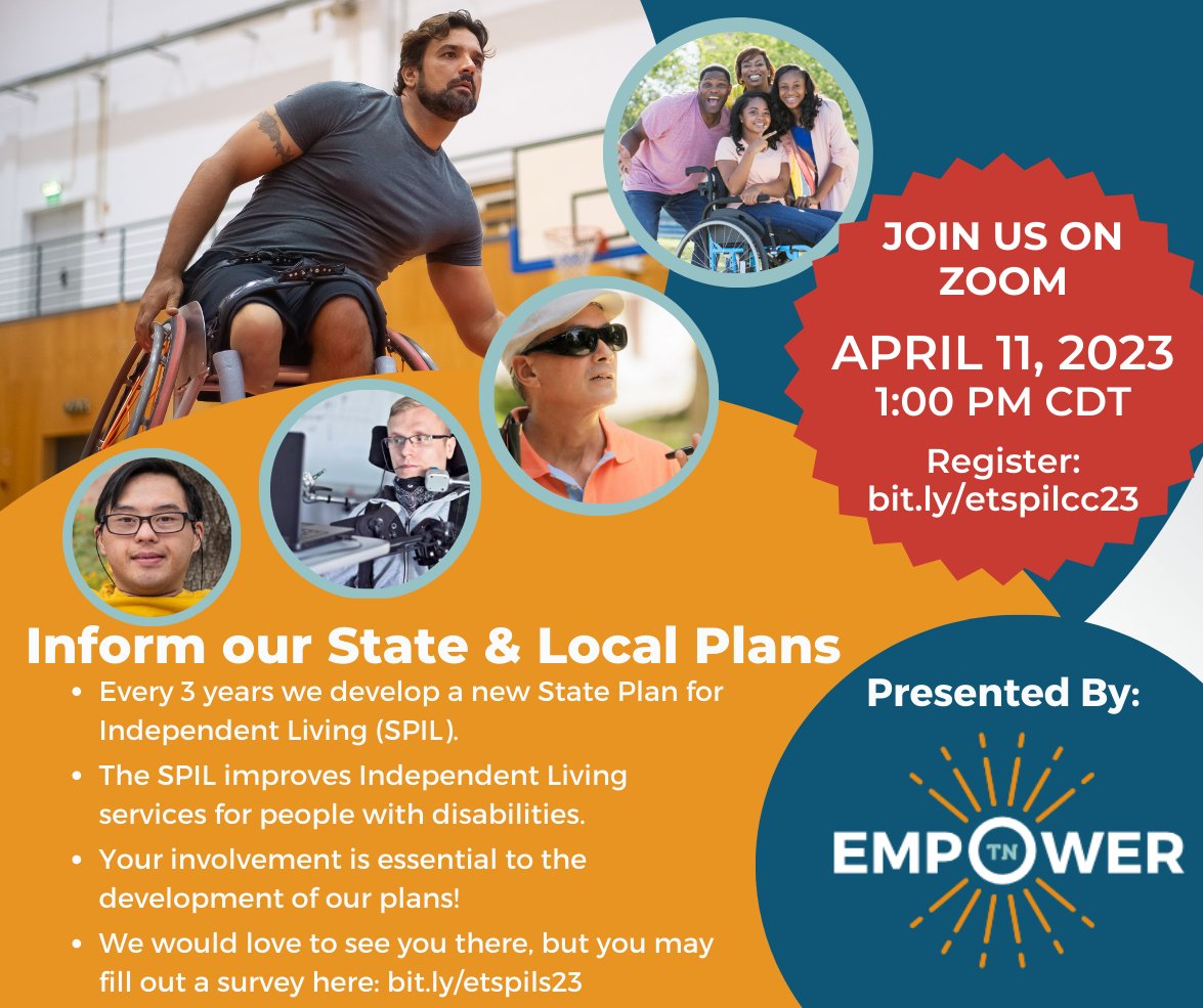 Let your voice be heard!   

Join Empower Tennessee today, April 11 at 1 PM via Zoom for a community conversation to express your needs and hopes for Independent Living services in our area.   
Register: bit.ly/etspilcc23  
Complete the survey: bit.ly/etspils23